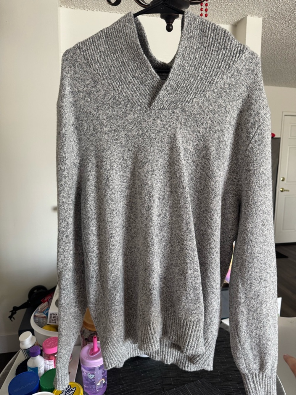 Men's V-Neck Gray Shawl Collar Sweater